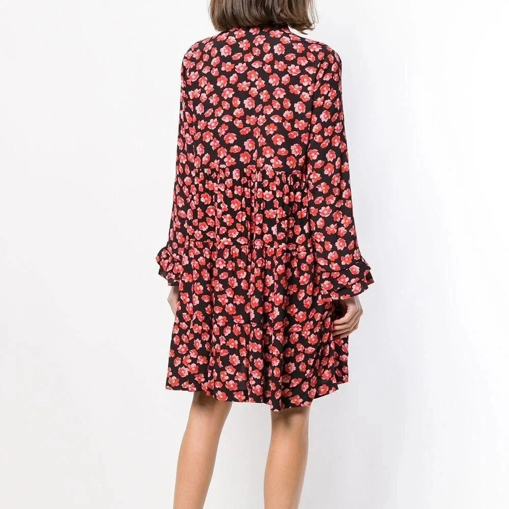 Ganni S Lindale Red Floral Crepe Mini Dress - Picture 3 of 13